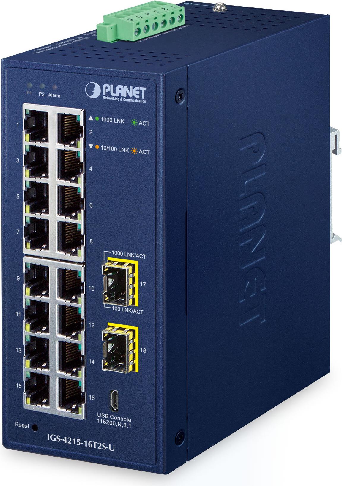 PLANET IP30 Industrial L2/L4 16-Port Managed L2/L4 Gigabit Ethernet (10/100/1000) Blau (IGS-4215-16T2S-U)