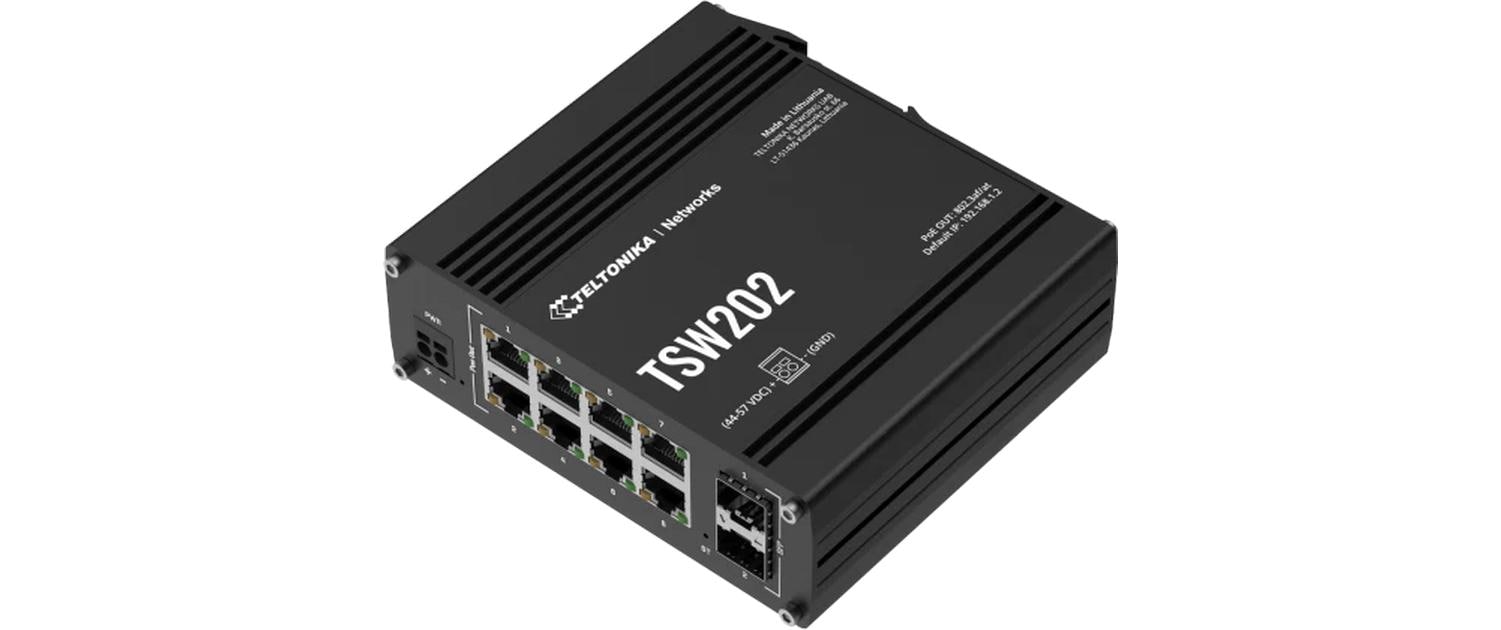 Teltonika TSW202 Managed Gigabit PoE+ Switch 8x PoE Ports 240W 2x SFP DIN-Schiene Aluminium, Blau