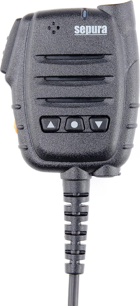 Sepura Mikrofon-Lautsprecher mit 3 Funktionstasten, für STP8/9000, SC20, SC21, 37 cm Kabel mit 3,5 mm Klinkenbuchse mit Innengewinde, mit Sprech- und Notruftaste sowie 3 programmierbaren Tasten und programmierbarer LED, Wendelkabel ca. 37 cm lang (im Ruhezustand), mit drehbarem (8 Stufen) & abnehmbarem Clip (300-00734)