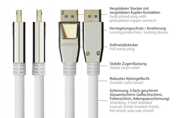 Python PREMIUM DisplayPort 2.0 Kabel 0,5m 54 Gbit/s UHBR 13.5 4K@240Hz / 8K@60Hz Schwarz