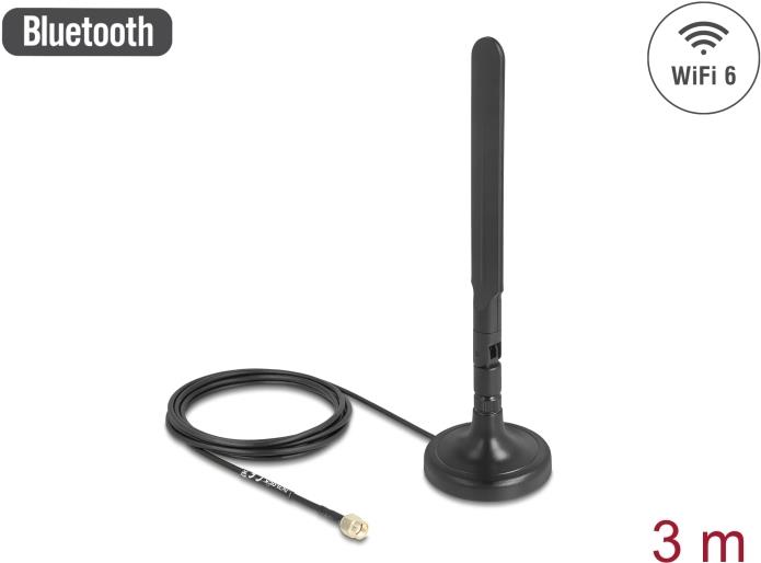 Delock WiFi 6 Antenne RP-SMA Stecker 3 dBi omnidirektional mit Anschlusskabel RG-174 3 m (10039)