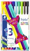 STAEDTLER Fineliner triplus, 10 + 3 GRATIS im Etui Strichstärke: 0,3 mm, dreieckig, DRY SAFE, Schaft silber / - 1 Stück (334 TB13)