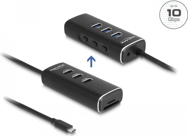 DeLOCK 3 Port USB 10 Gbps Hub inklusive SD und Micro SD Card Reader mit USB Type-C™ Anschluss 60 cm Kabel und Schalter für jeden Port (64234)