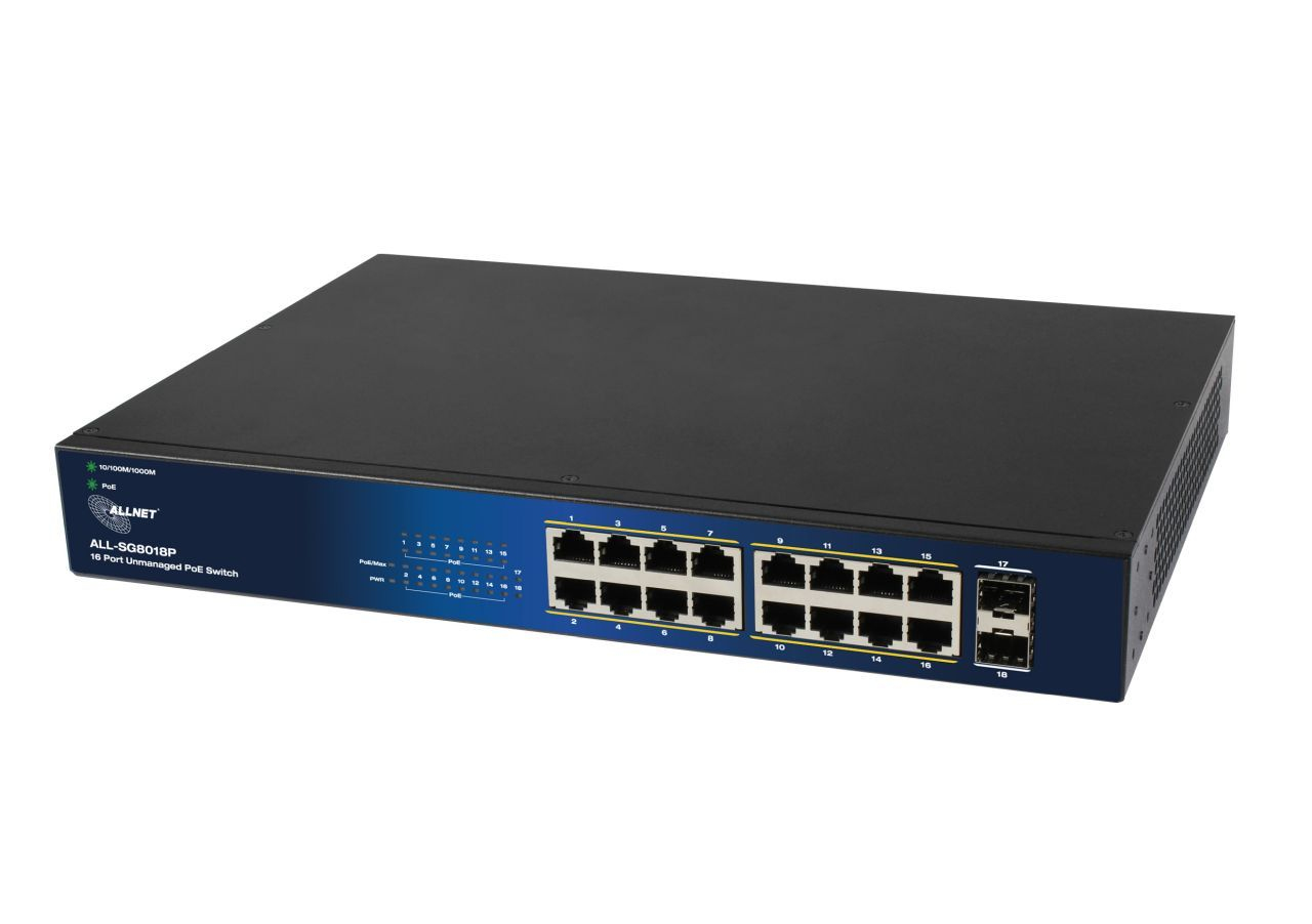 ALLNET ALL-SG8018P Unmanaged Layer2 Switch 18 Port 16× PoE+ 2× SFP 240 W PoE Budget 19" Rack Schwarz