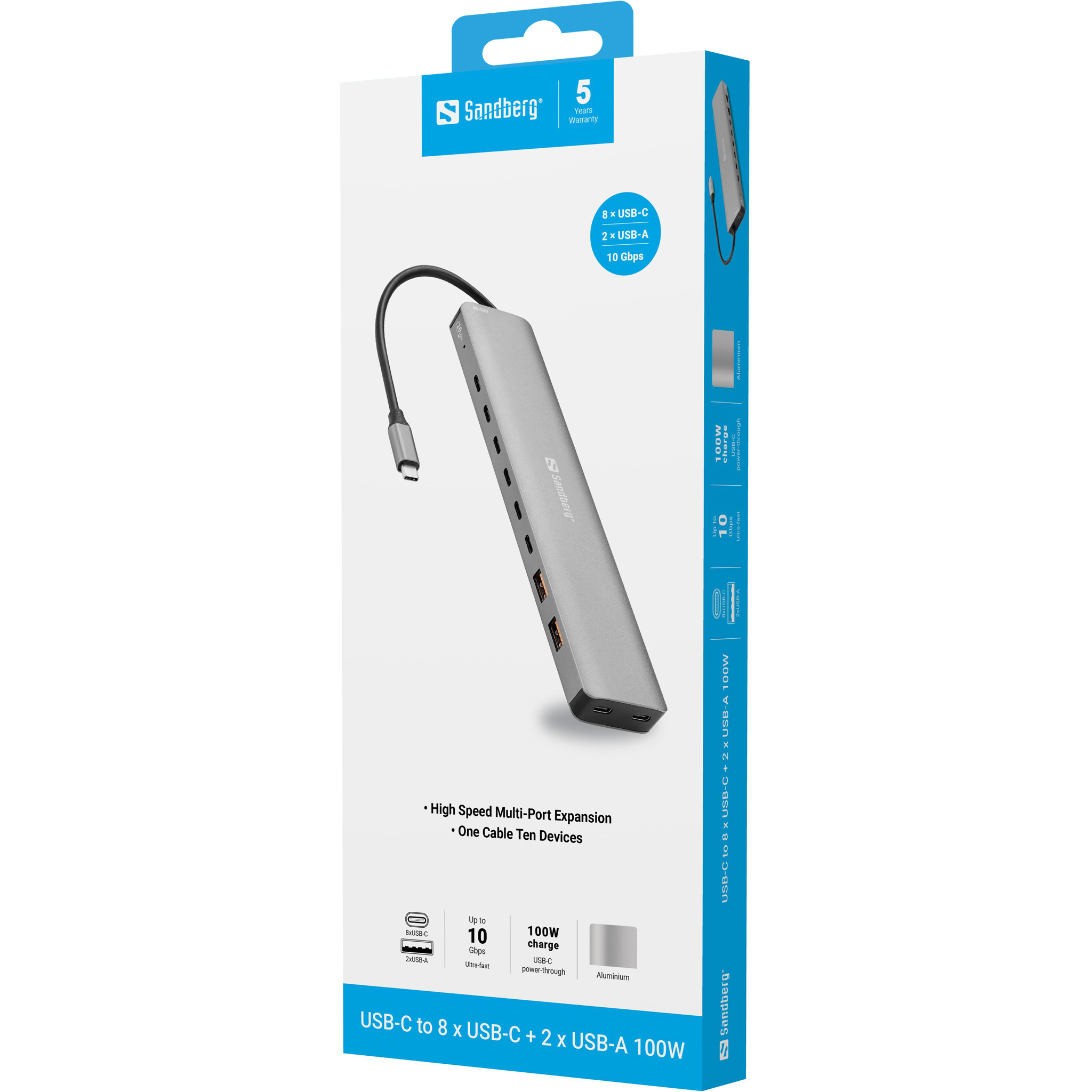 Sandberg USB-C Hub 100W 8x USB-C 3.2 Gen 2 + 2x USB-A 3.2 Gen 2 Grau