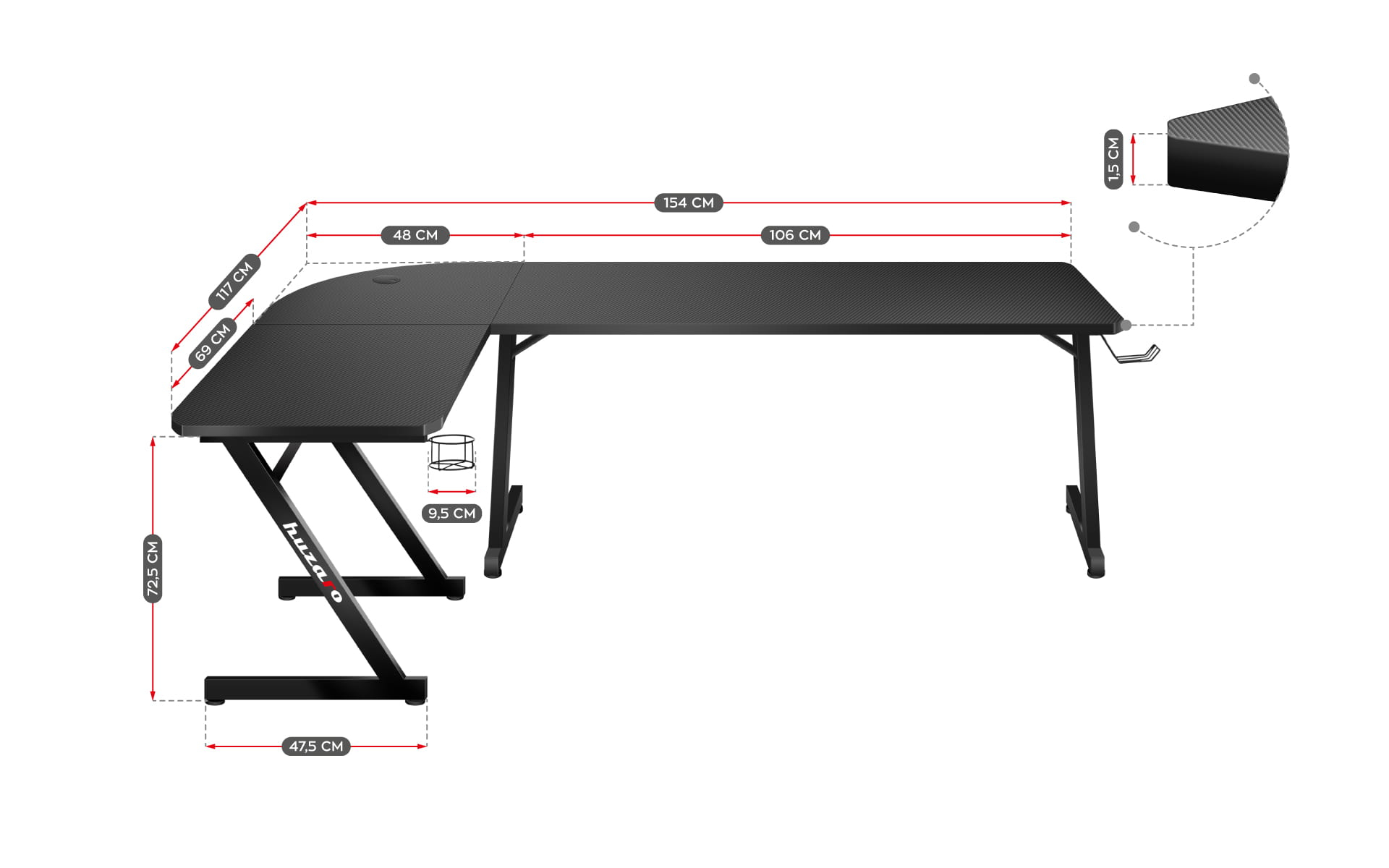 Huzaro Hero 7.0 Gaming-Schreibtisch Eckform Karbonfaser Aluminium Schwarz