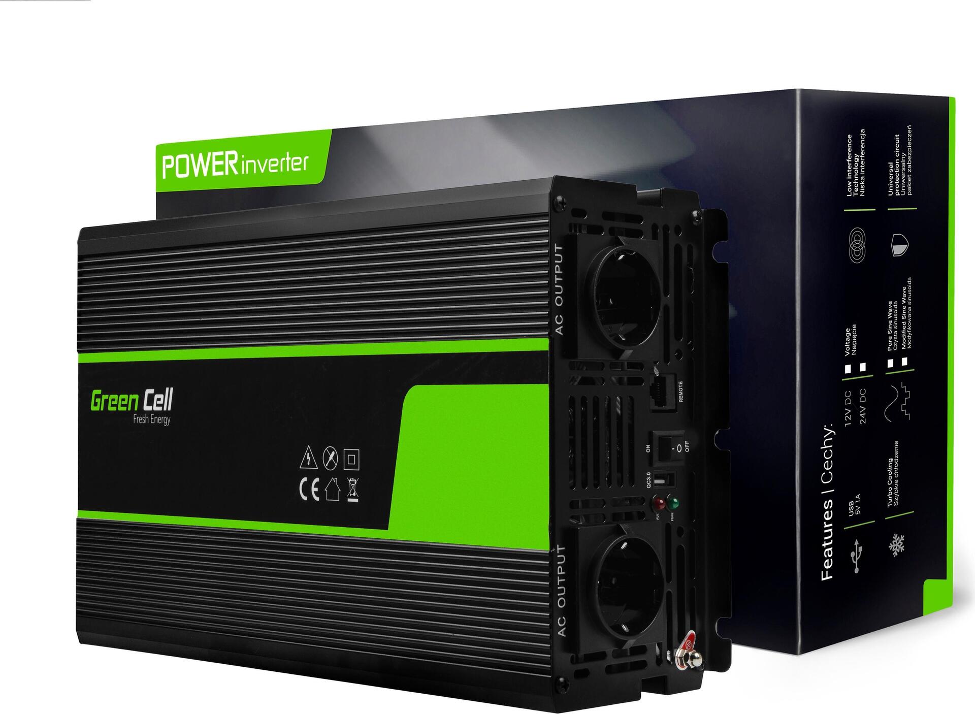 Green Cell INV21 Wechselrichter 24V auf 230V Reine Sinuswelle 3000W Schwarz