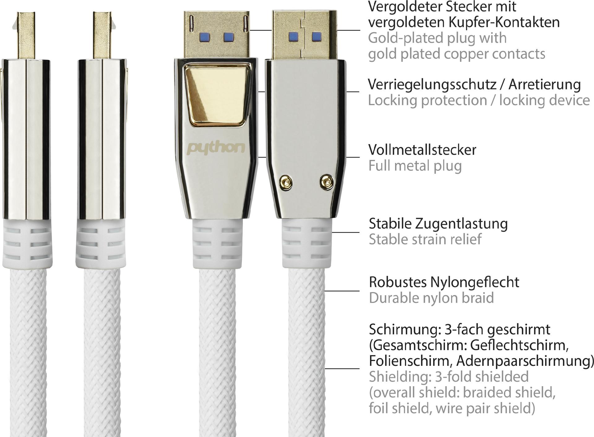 Python PREMIUM DisplayPort 2.0 Kabel 0,5m 54 Gbit/s UHBR 13.5 4K@240Hz / 8K@60Hz Schwarz