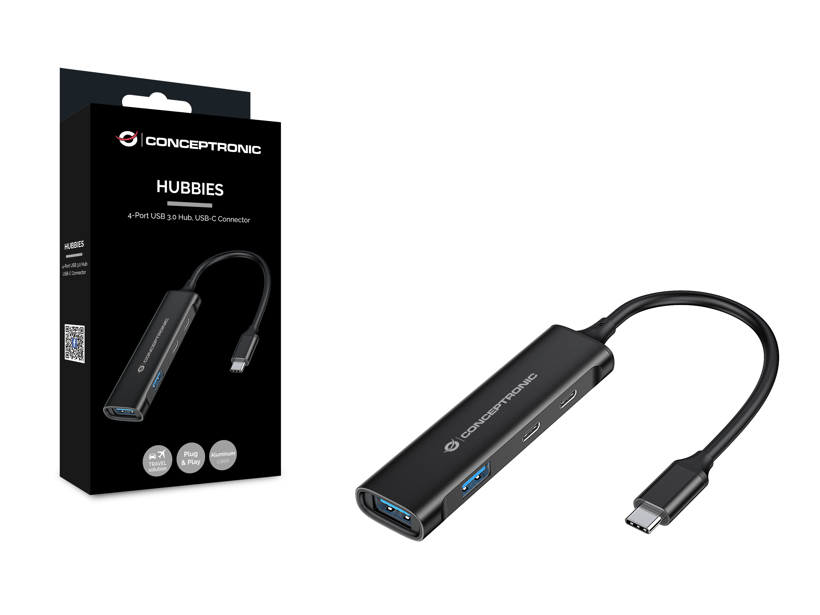 Conceptronic HUBBIES 4-Port USB-Hub USB-C 5000 Mbit/s Schwarz