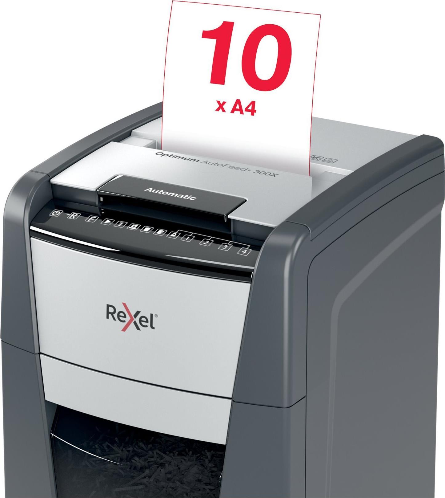 Rexel Optimum AutoFeed+ 300X Aktenvernichter 300 Blatt 4 x 25 mm Kreuzschnitt Schwarz, Grau