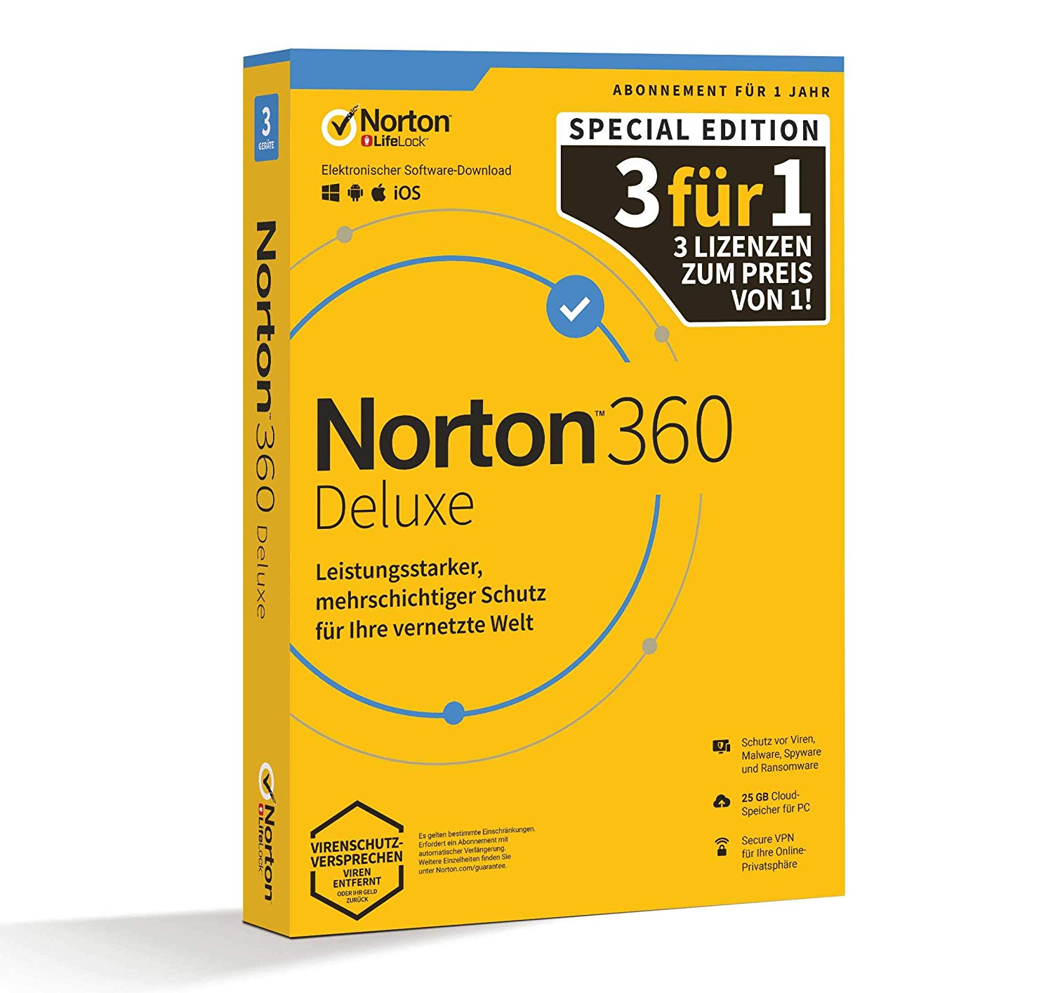 NORTONLIFELOCK 360 DELUXE 25GB GE 1 USER 3 DEVICE 12MO 3FOR1 PROMO (21406104)