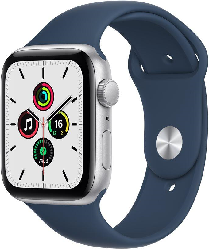 Apple Watch SE GPS, 44mm Silver Aluminium Case with Abyss Blue Sport Band - Regular (MKQ43FD/A)
