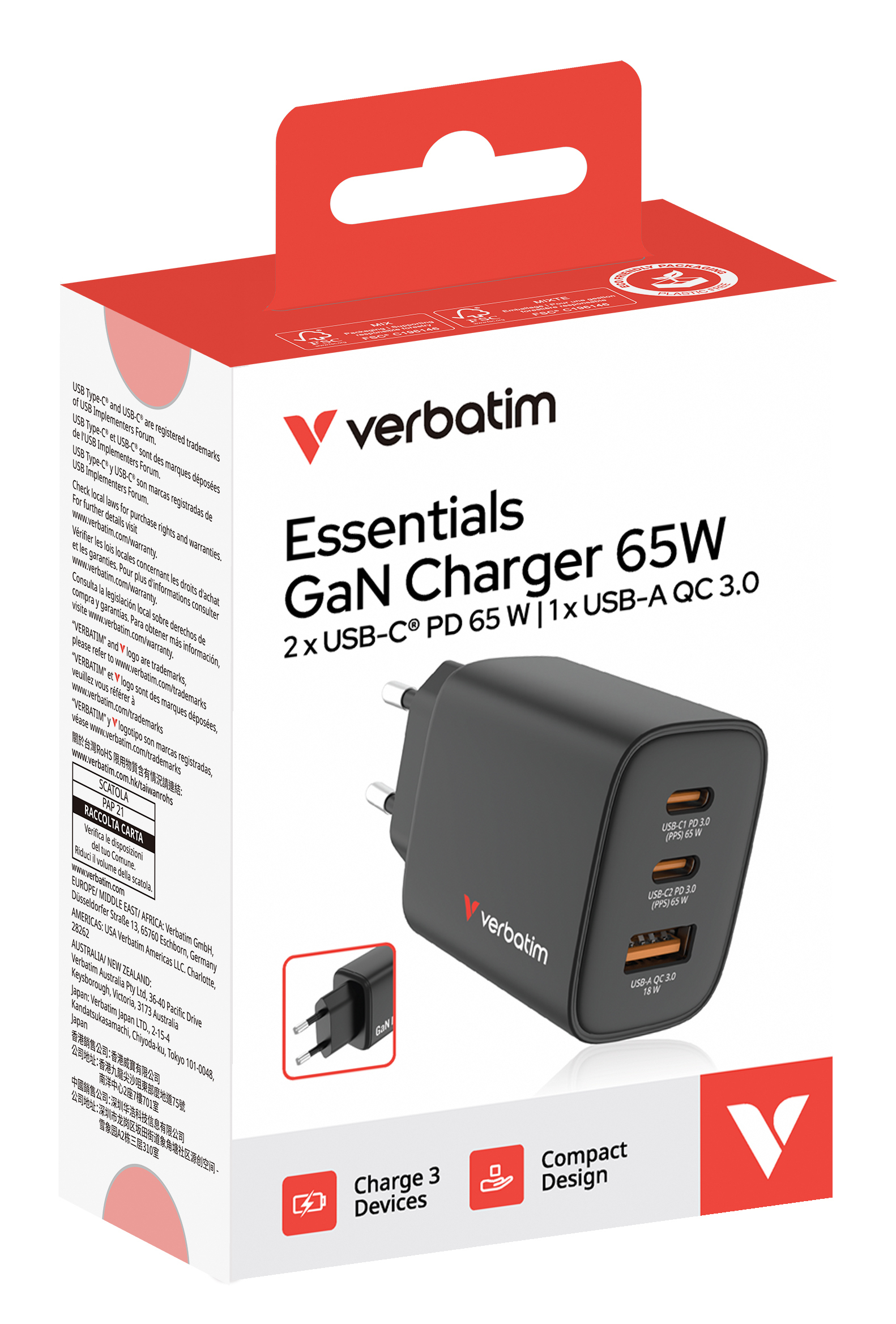 Verbatim Essentials 32352 GaN III Netzteil 65 W USB-A/C Schwarz