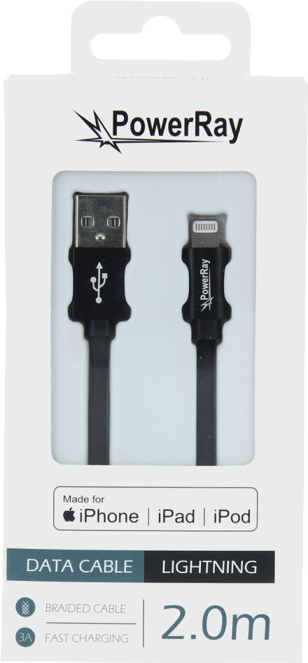 PowerRay Data Cable PR-DCUL200TBK, USB / LIGHTNING MFi, 2.0 m, Textile black, Blister (PR-DCUL200TBK)