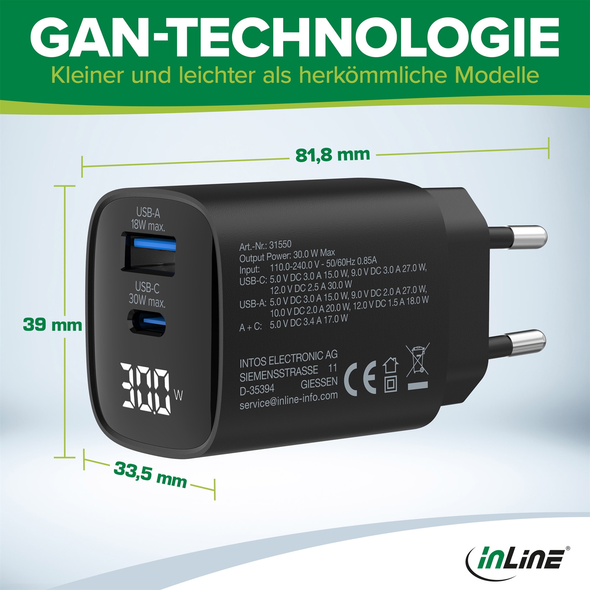 InLine GaN Netzteil USB-C + USB-A 30 W mit Display Schwarz