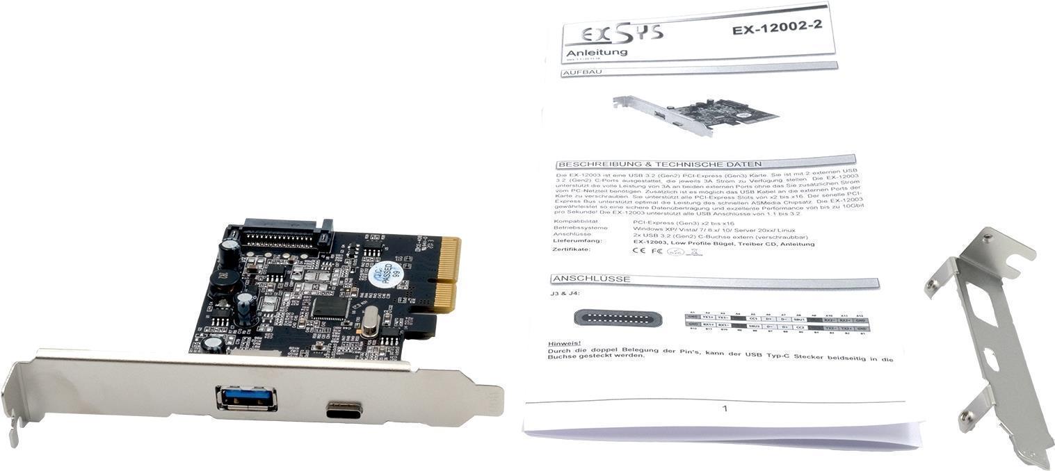 EXSYS GmbH 2 Port USB 3.2 Gen2 PCIe (x4) Karte mit 1x A- und C? Anschluss (Asmedia) (EX-12002-2)