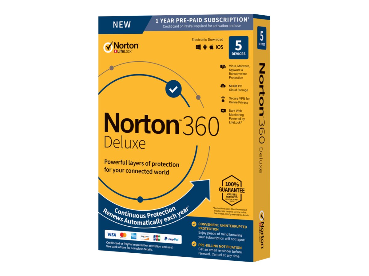 NortonLifeLock 360 Deluxe Sicherheits-Suite Box-Pack 5 Geräte 50 GB Cloud 12 Monate Deutsch