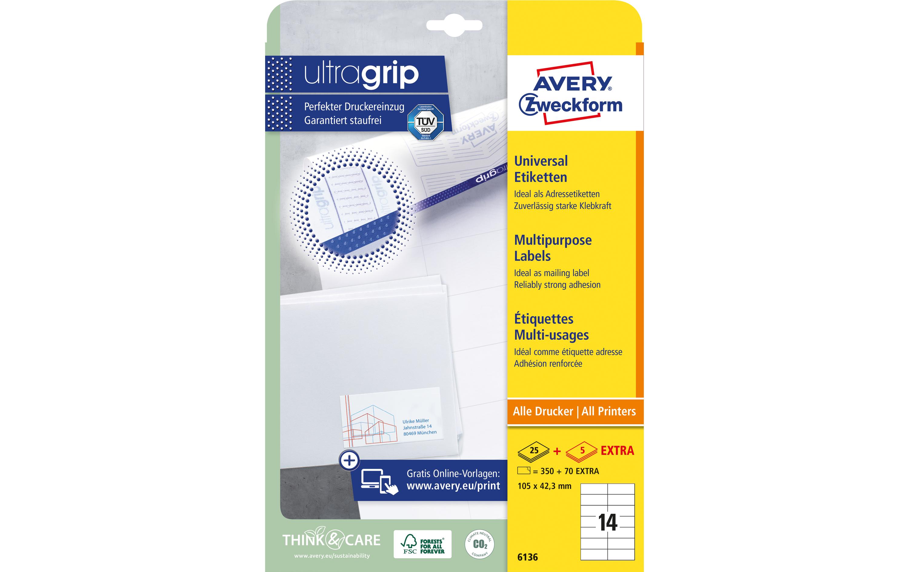 Avery Zweckform Universal-Etiketten 6136 A4 105 x 42,3 mm 30 Blatt Weiß