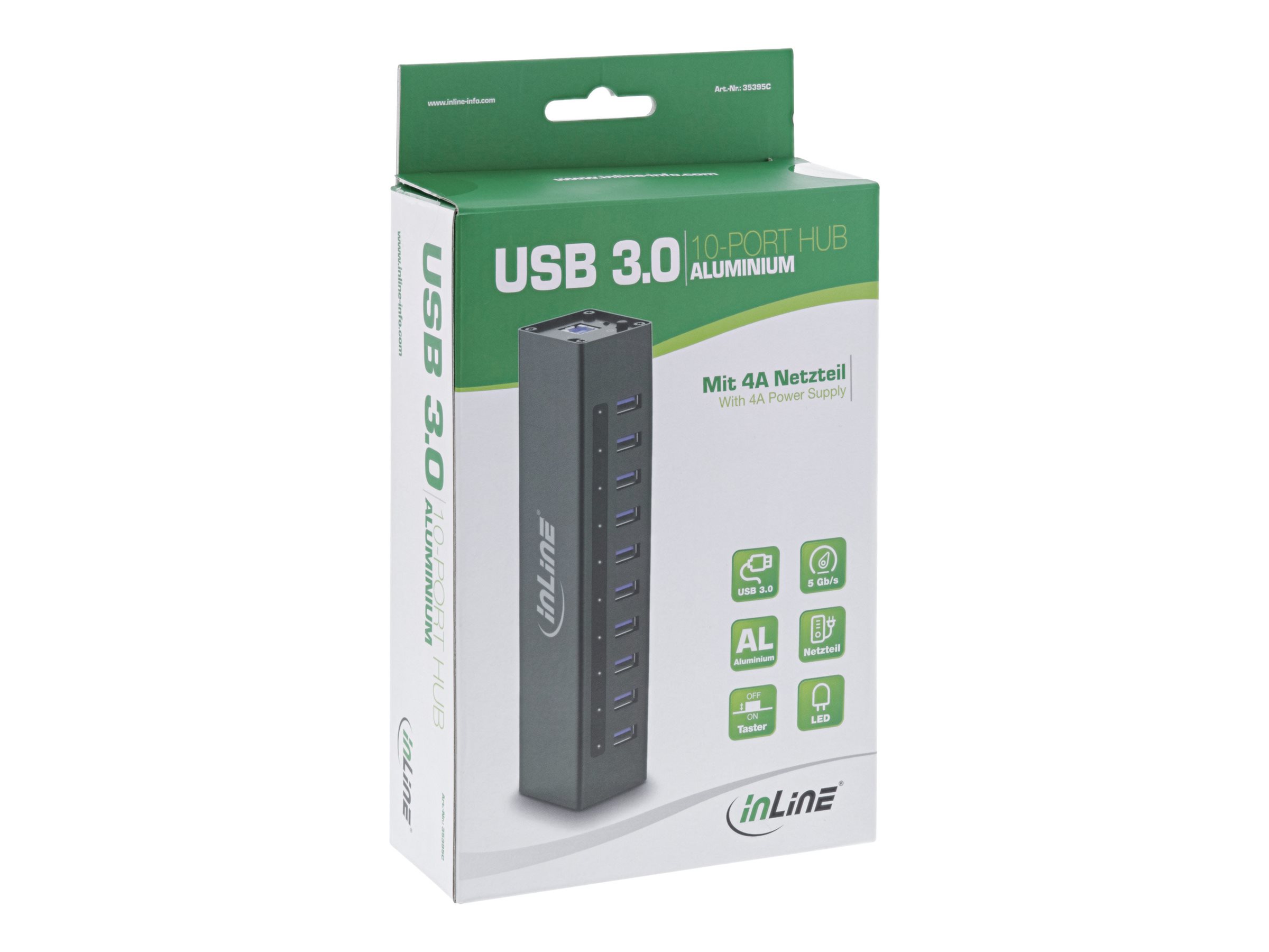 InLine USB 3.0 Hub 10 Port Aluminiumgehäuse Schwarz mit Netzteil