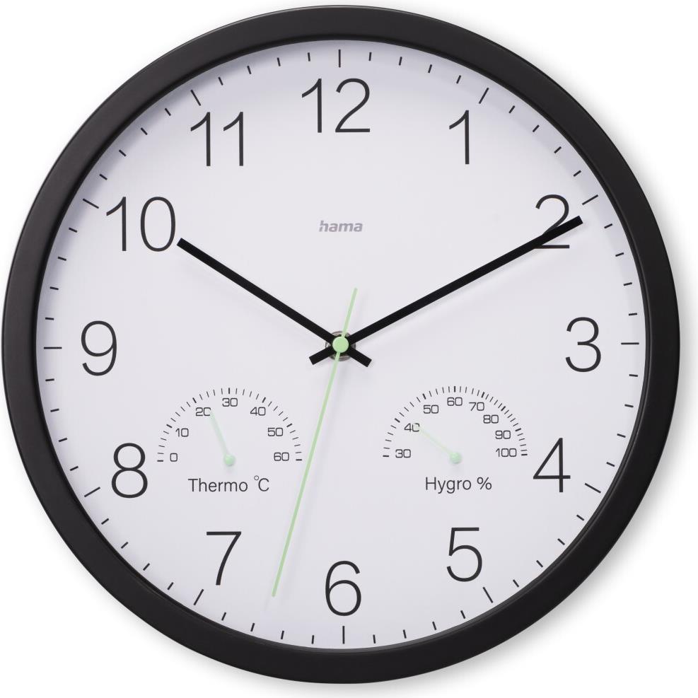 Hama Wanduhr Santorini, ohne Ticken, m. Thermo- u. Hygrometer, Ø 30cm, Schwarz (00185885)
