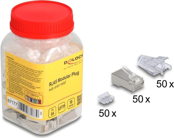 Delock RJ45 Modularer Stecker Cat.6A mit Knickschutztülle transparent 50er (67177)
