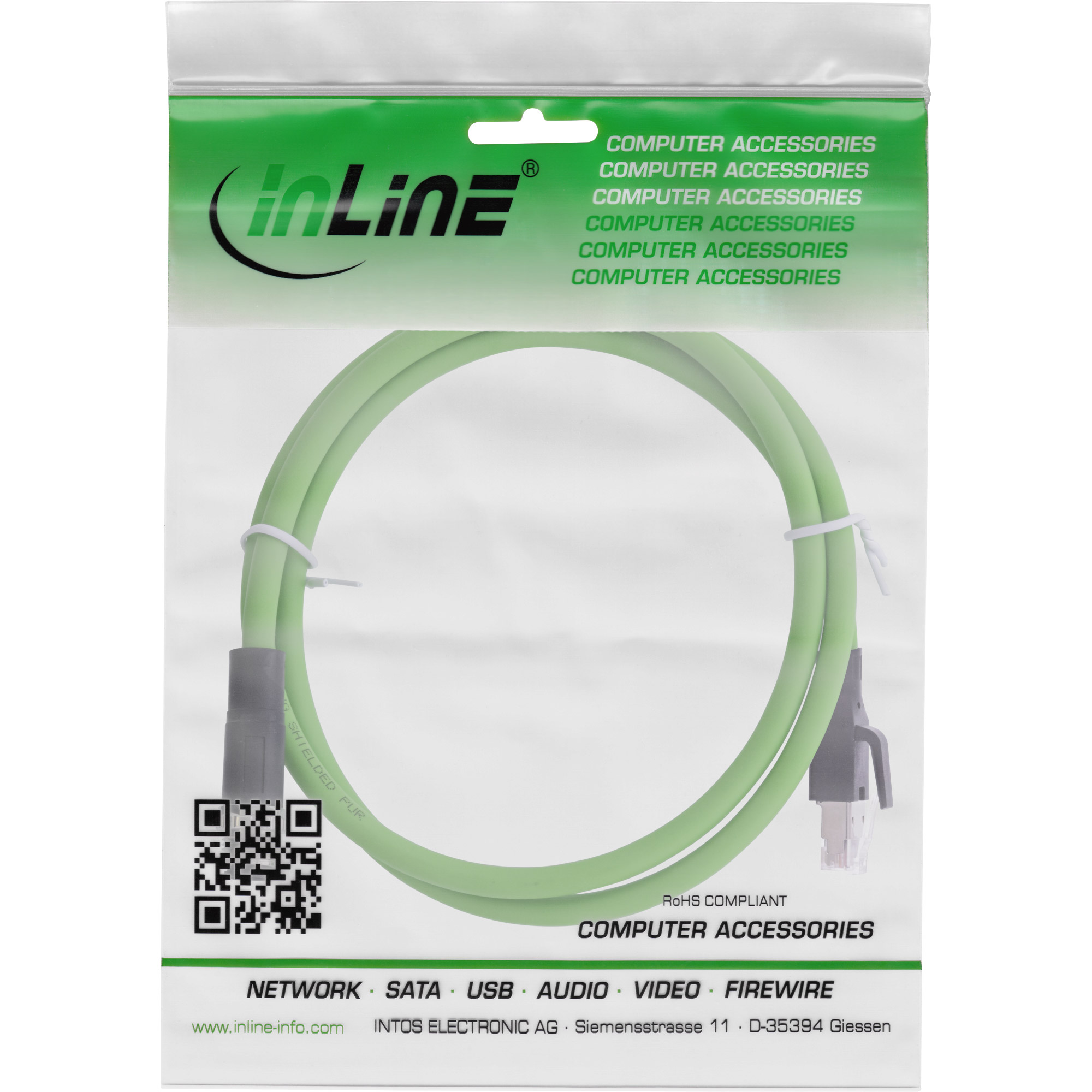 InLine Industrie Netzwerkkabel M12 4-pin D-kodiert zu RJ45 10 m SF/UTP Grün