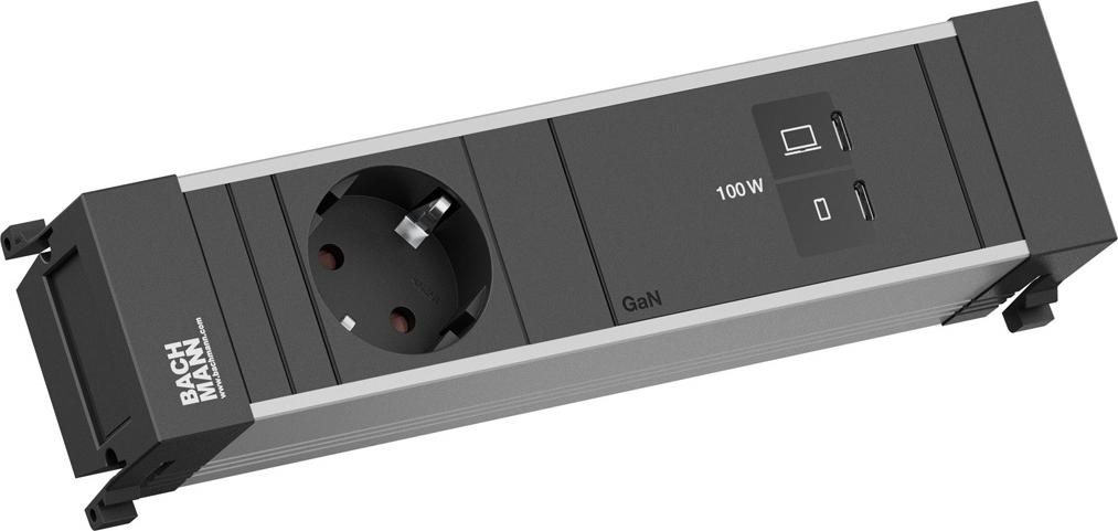 Bachmann Power Frame Einbausteuerleiste 1x CEE7/3 35° 1x USB-C/C 100W schwarz 0,2m