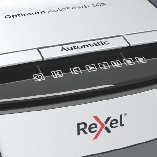 Rexel Optimum AutoFeed+ 50X Aktenvernichter Kreuzschnitt P-4 50 Blatt Schwarz, Grau
