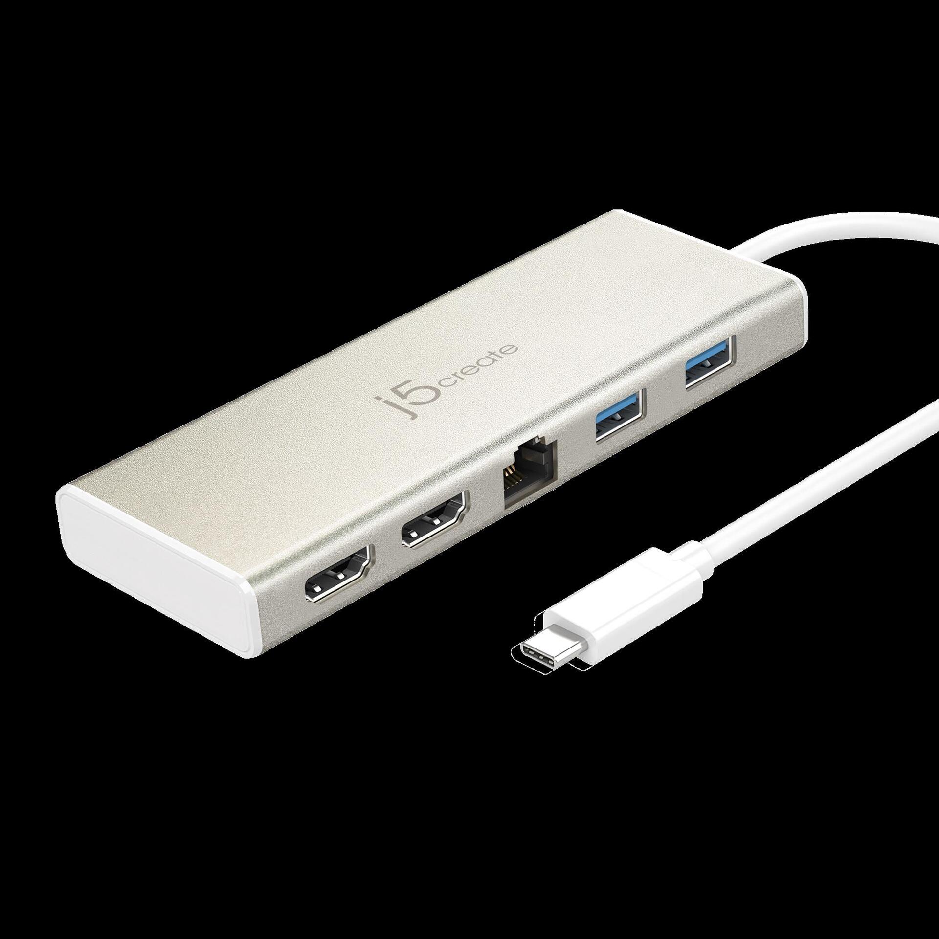 j5create JCD381-N USB-C Dual HDMI Mini Dock mit Gigabit Ethernet und USB Power Delivery, Aluminium, Beige/Weiß