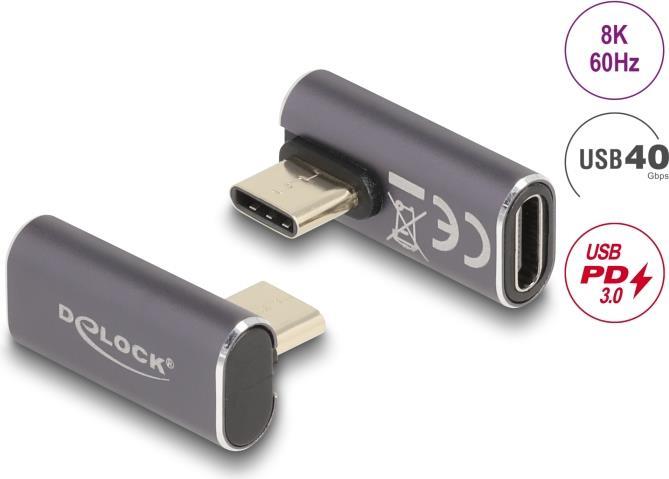 Delock USB Adapter 40 Gbps USB Type-C™ PD 3.0 100 W Stecker zu Buchse gedreht gewinkelt links / rechts 8K 60 Hz Metall (60048)