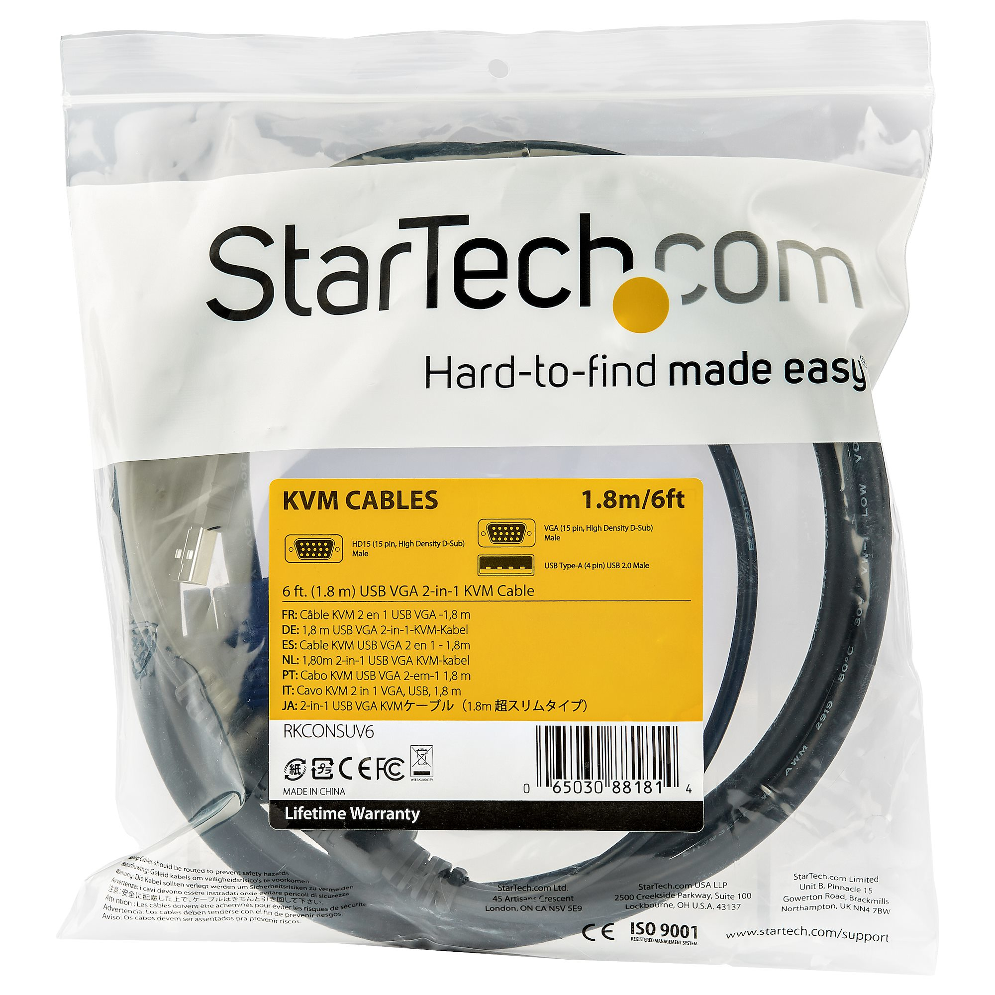StarTech.com RKCONSUV6 1,8 m KVM-Kabel für Rackmount Konsolen Schwarz
