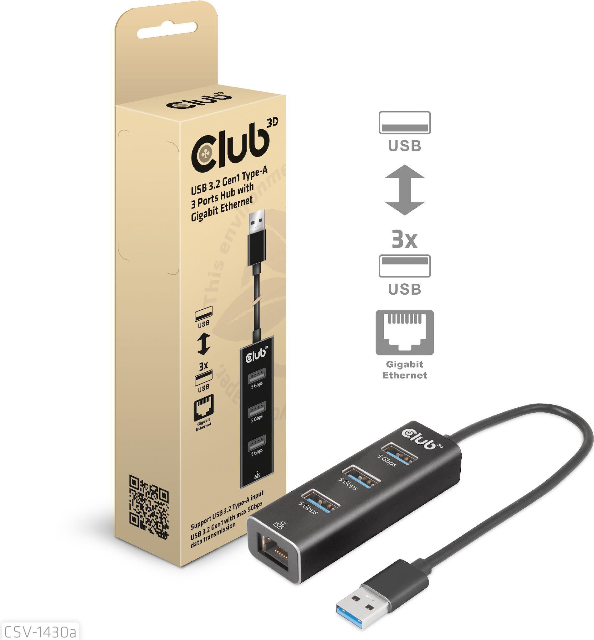 CLUB3D CSV-1430a Kabelgebunden USB 3.2 Gen 1 (3.1 Gen 1) Type-A Schwarz (CSV-1430A)