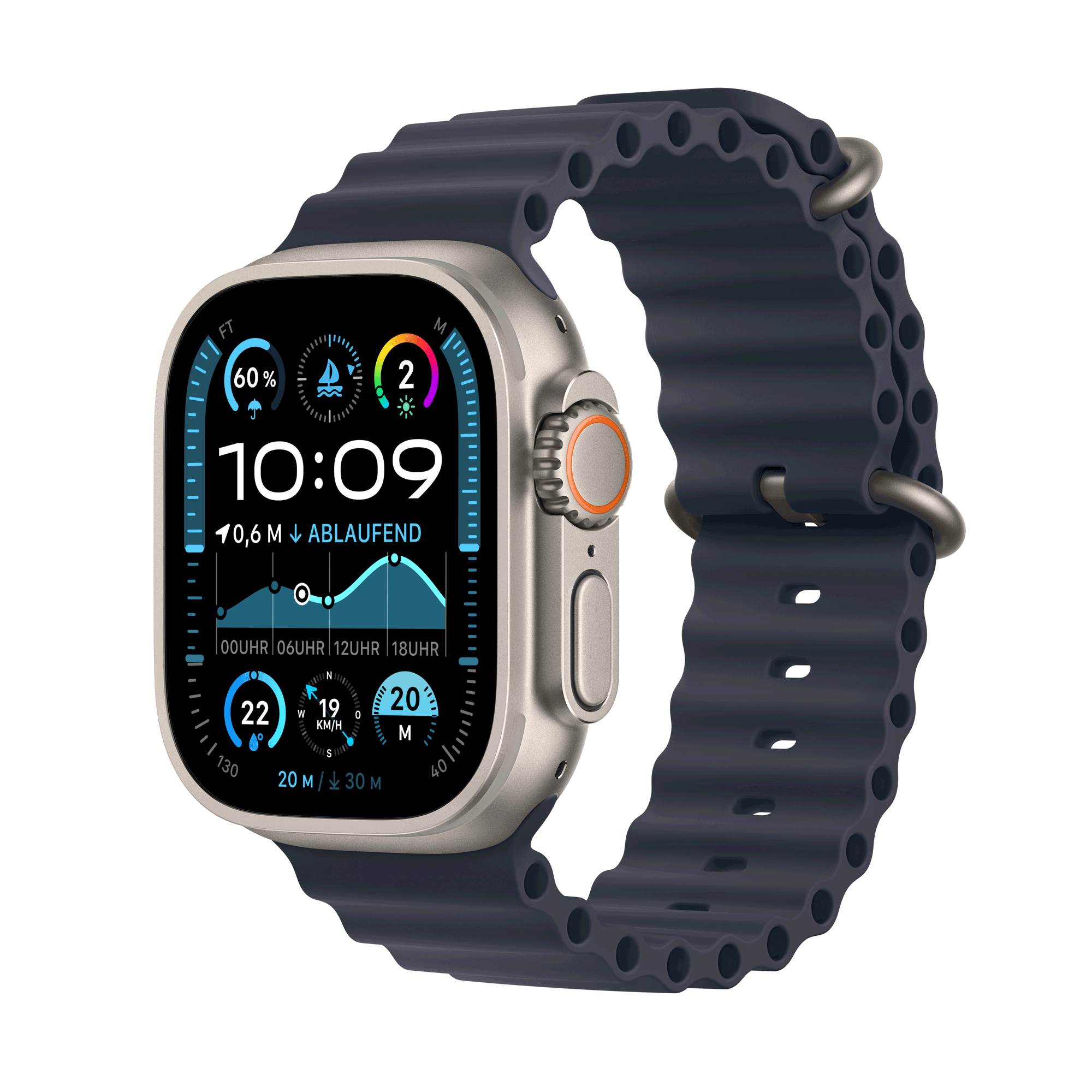 Apple Watch Ultra 2 GPS Cellular 49mm Natural Titanium Case mit Navy Ocean Band MX4D3FD A