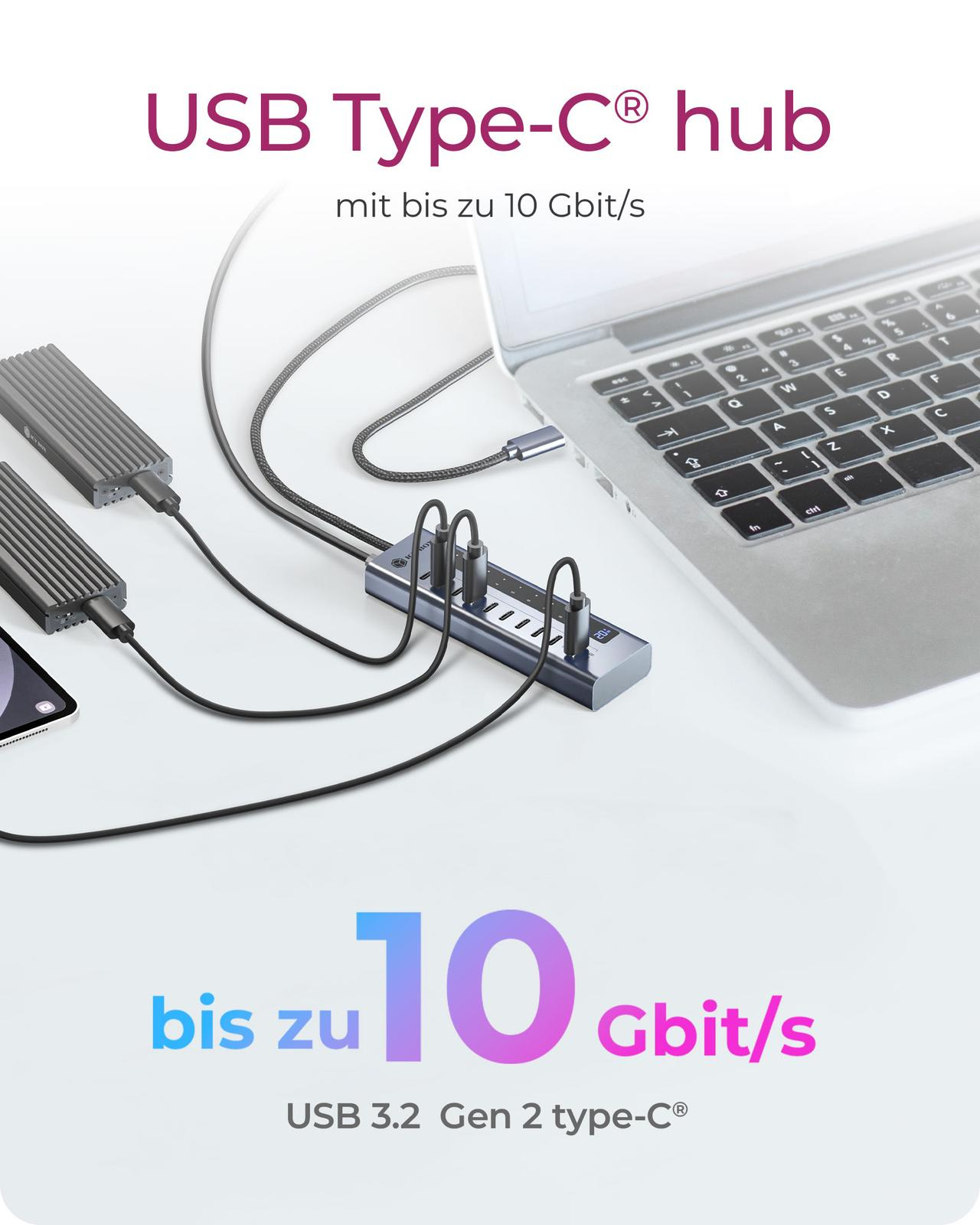 ICY BOX IB-HUB1450-C31 USB-Hub 10x USB-C 3.2 Gen 2 bis 10 Gbit/s 48W Netzteil PD 20W Anthrazit