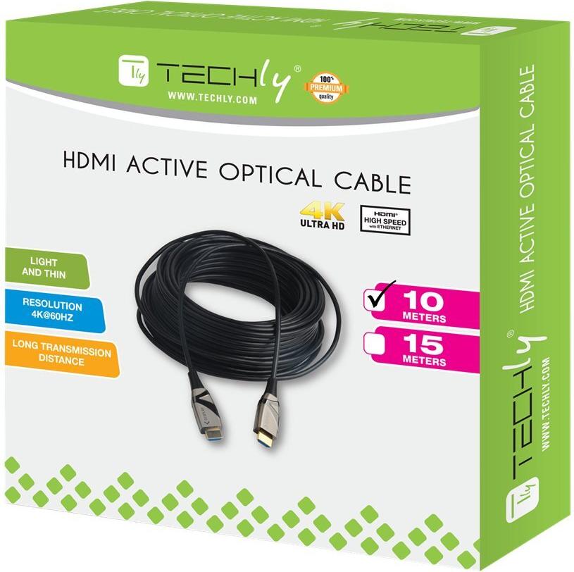 Techly HDMI 2.0 AOC LWL Kabel 10 m 4K 60 Hz Ethernet Schwarz