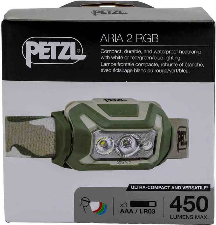 Petzl ARIA 2 RGB-SCHEINWERFER CAMO Kompakte, robuste und wasserdichte Stirnlampe mit weißem oder rot/grün/blauem Licht, um die Nachtsicht und die Tarnung zu erhalten. 450 Lumen (E070BA01)