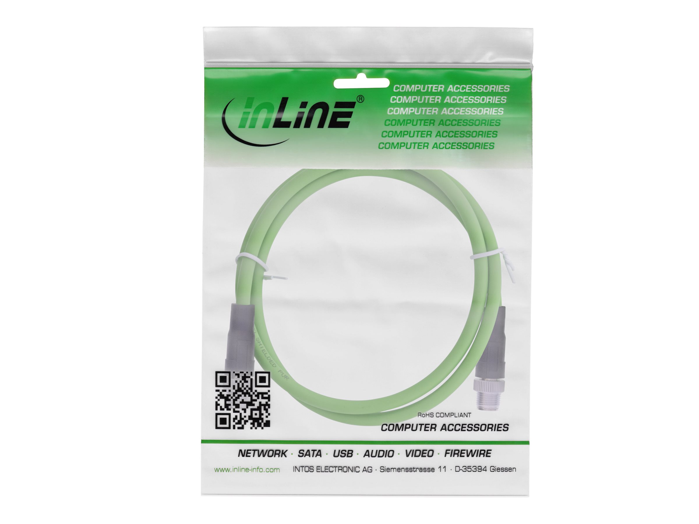 InLine Industrie Netzwerkkabel M12 8-pin X-kodiert Cat.6A PUR 5 m Grün