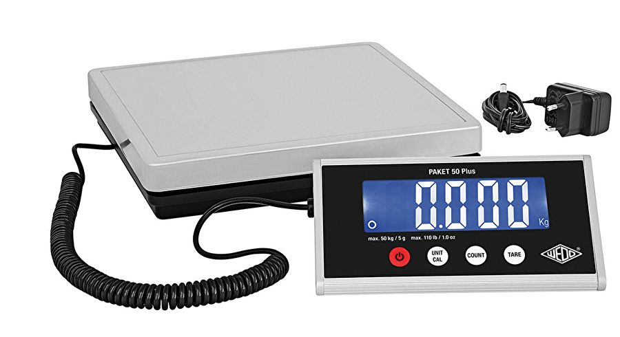 WEDO Paket 50 Plus Paketwaage 50 kg mit LCD-Anzeige Edelstahl-Wiegeteller Silber/Schwarz