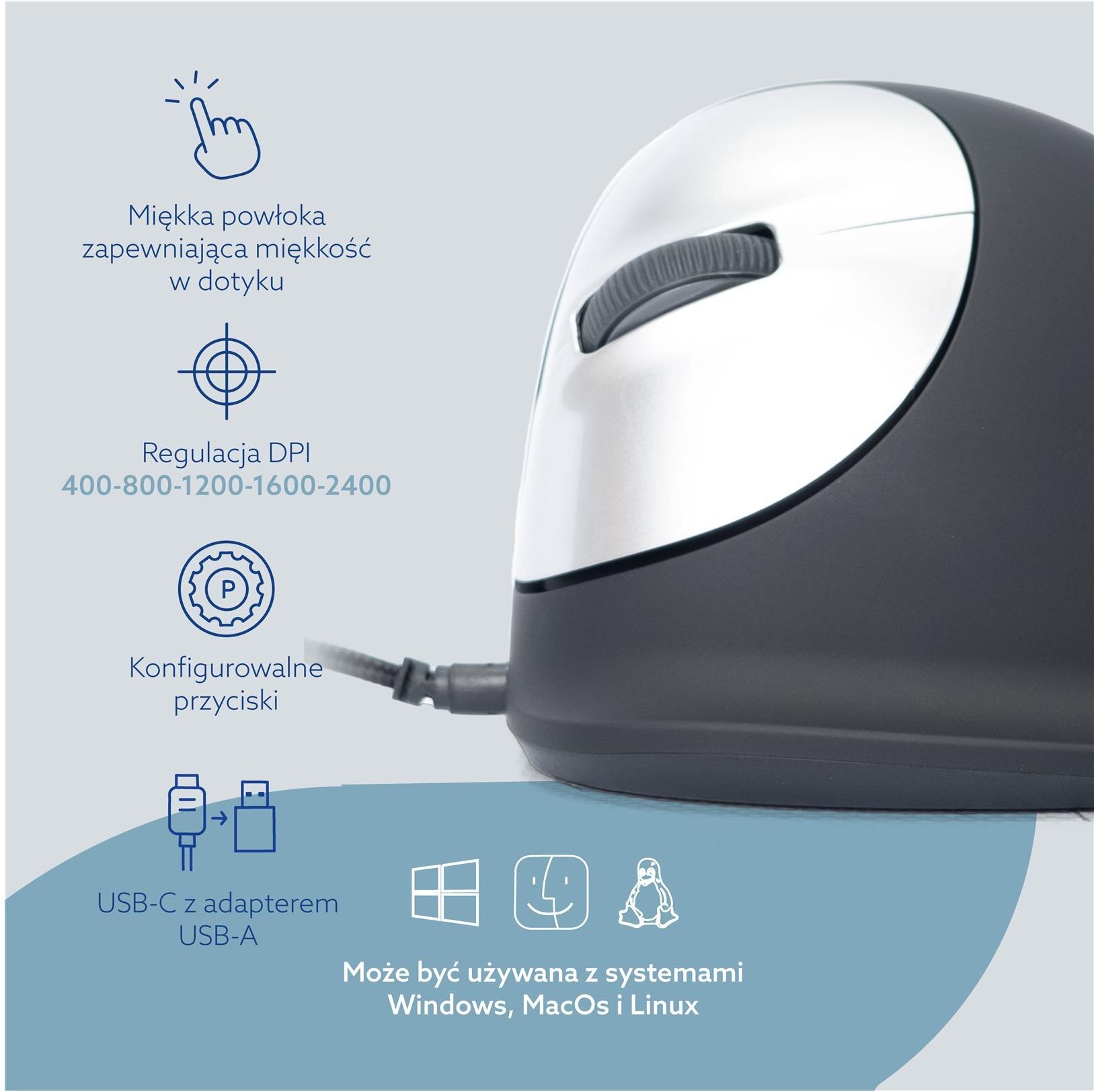 R-Go Tools HE Break Ergonomische Vertikale Maus Linkshänder Groß USB 2400 DPI Schwarz/Silber