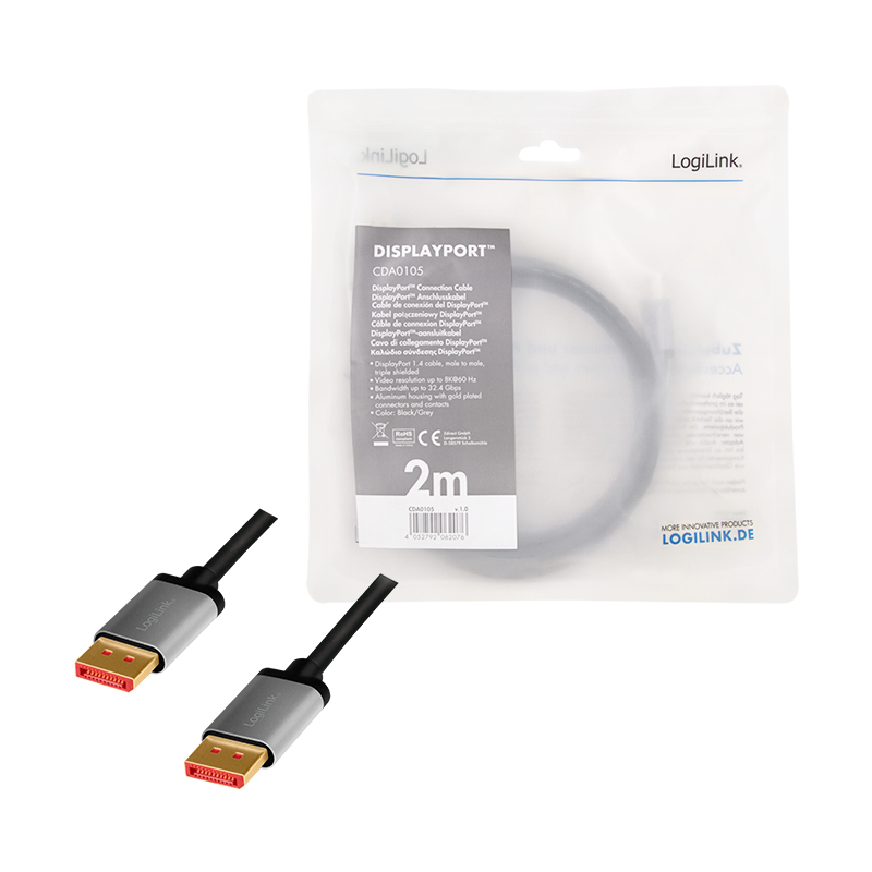 LogiLink CDA0105 DisplayPort-Kabel 2 m Schwarz, Grau