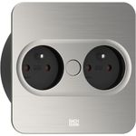 Bachmann TWIST 2 Metallische Abdeckscheibe eckig, Edelstahl-Optik, 2xUTE Frankreich Steckdose schwarz mit erhöhtem Berührungsschutz, Zuleitung 2,0m H05VV-F3G1,5mm² schwarz mit Aderendhülsen und beigelegtem Schutzkontakt-Montagestecker, verpackt im Karton. (946.003)