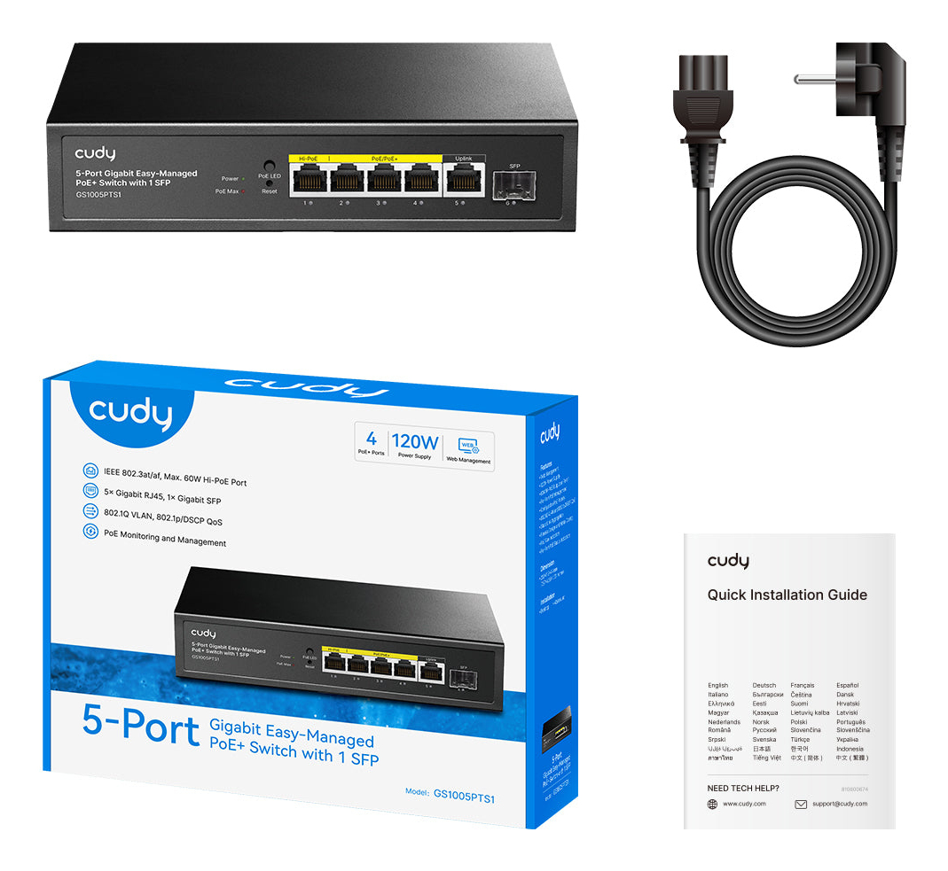 Cudy GS1005PTS1 Gigabit Ethernet Switch 5-Port PoE+ 120 W Schwarz