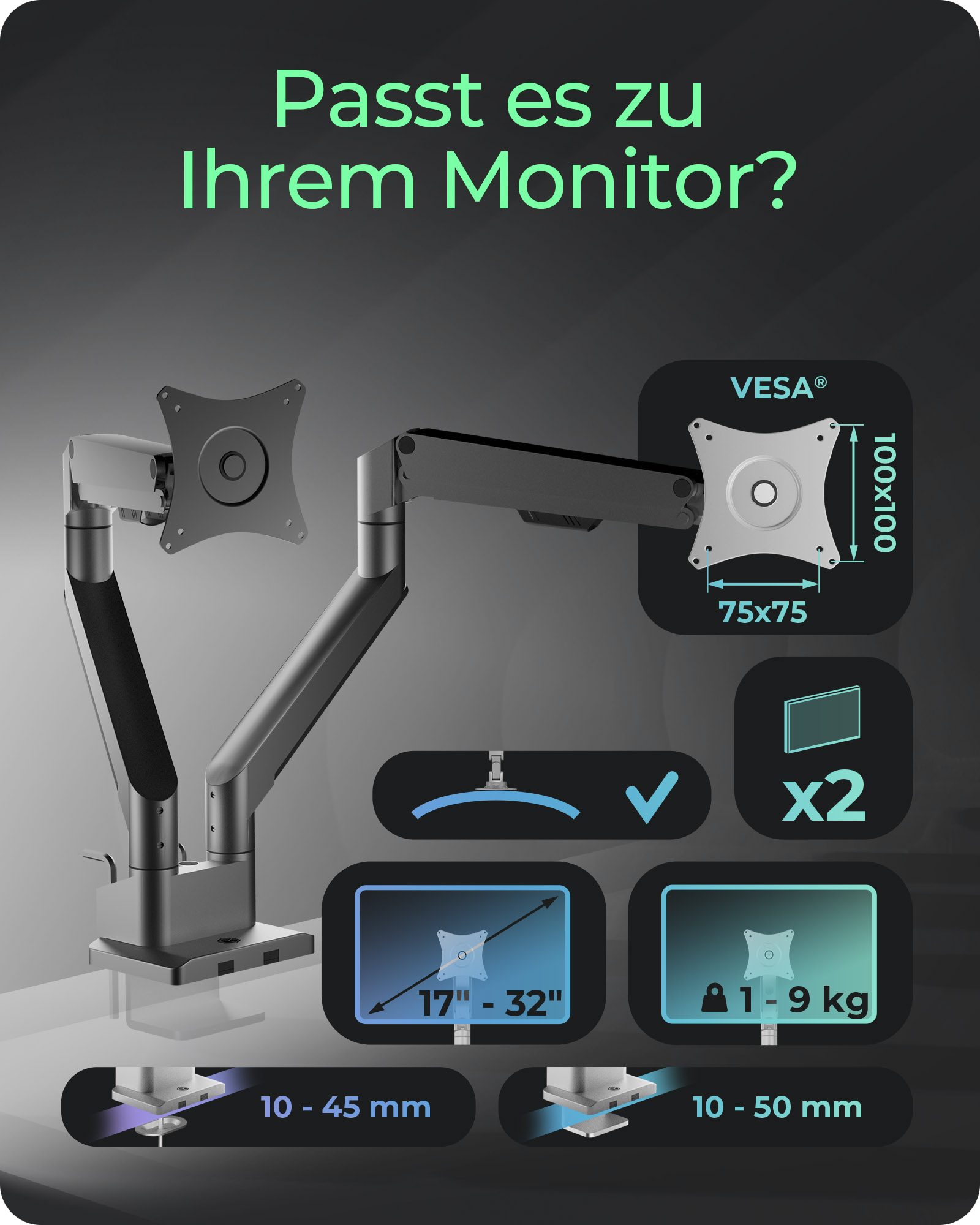ICY BOX IB-MS524-T Monitorständer für 2 Monitore bis 32" VESA 75x75/100x100 mm 9 kg Silber/Grau