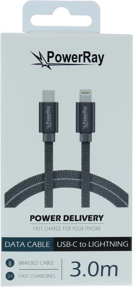 PowerRay Data Cable PR-DCCL300TGY, USB-C / LIGHTNING, 3.0m Textile grey, Blister (PR-DCCL300TGY)