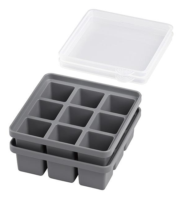APS Eiswürfelbehälter mit Deckel 2er Set, Silikon spülmaschinengeeignet, 155x155x55 mm, transparent/grau