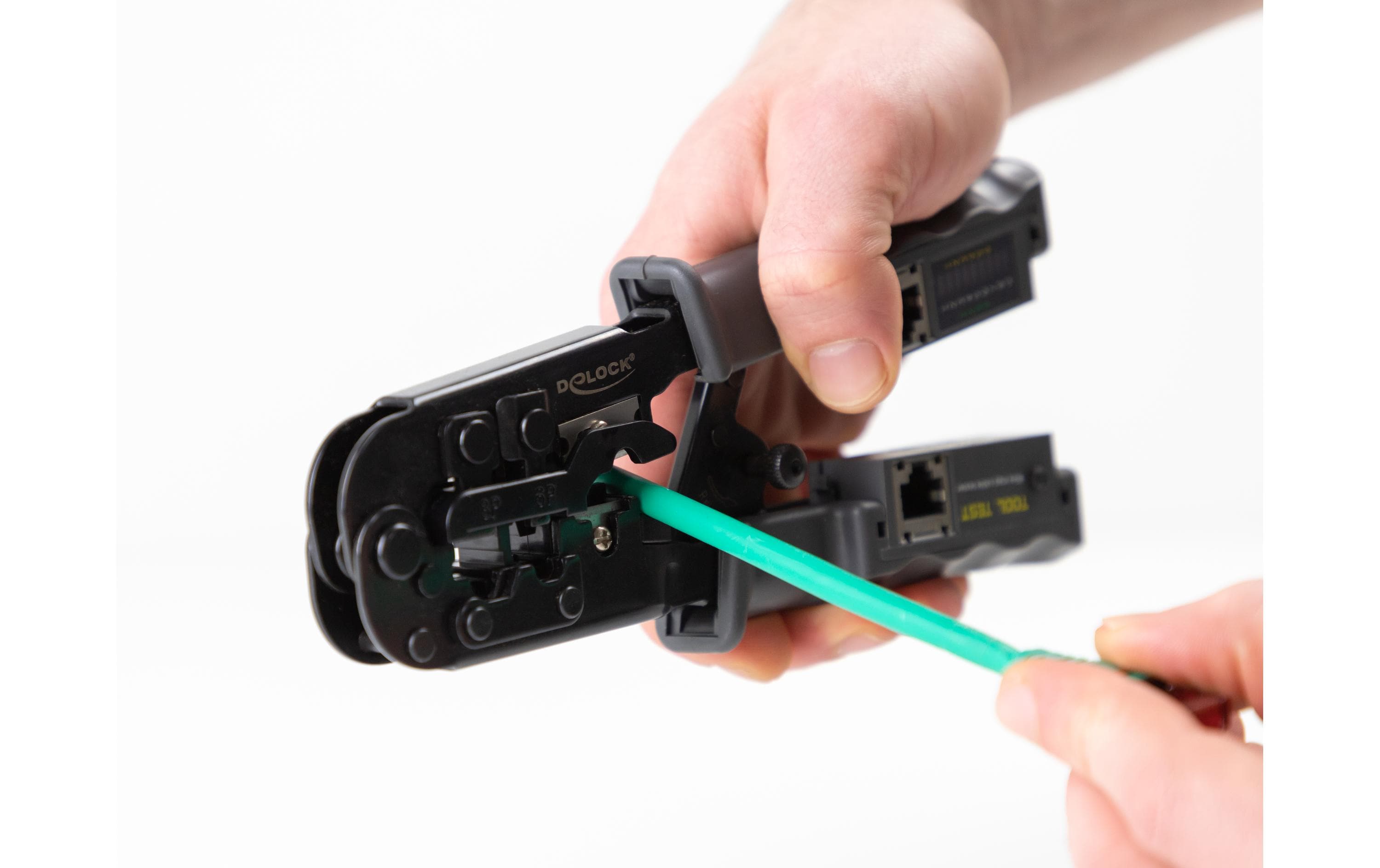 Delock 90510 Crimpzange mit Abisolierer und Netzwerktester für RJ45, RJ12/11 und RJ10 Stecker - Grau, Schwarz