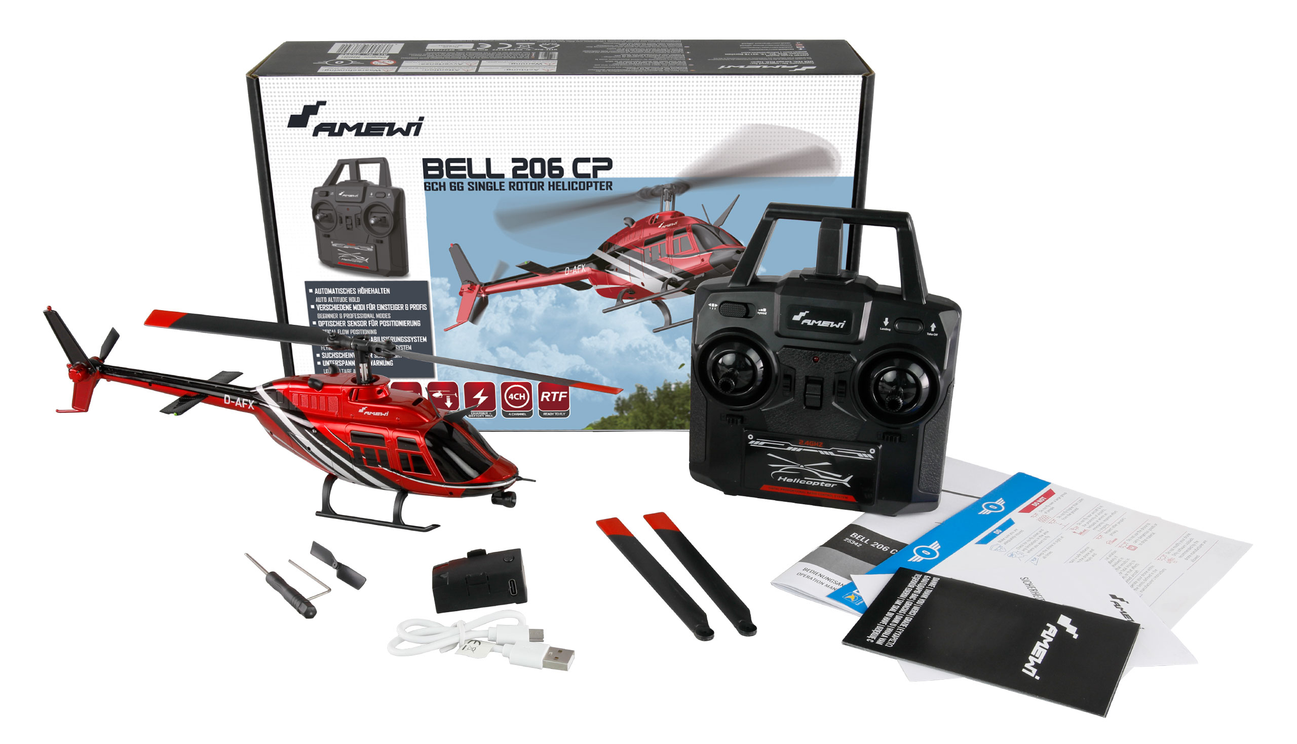 Amewi Bell 206 Jet Ranger 6-Kanal 6G RTF Modellhubschrauber Schwarz, Rot