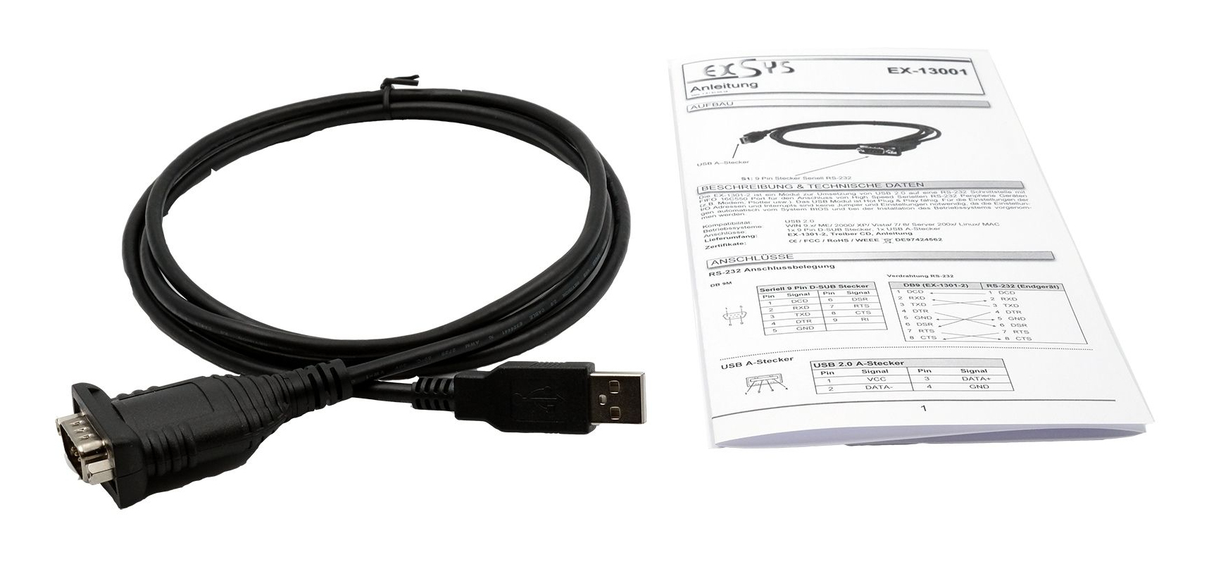Exsys EX-13001 USB zu RS-232 Adapterkabel 1,8 m Schwarz