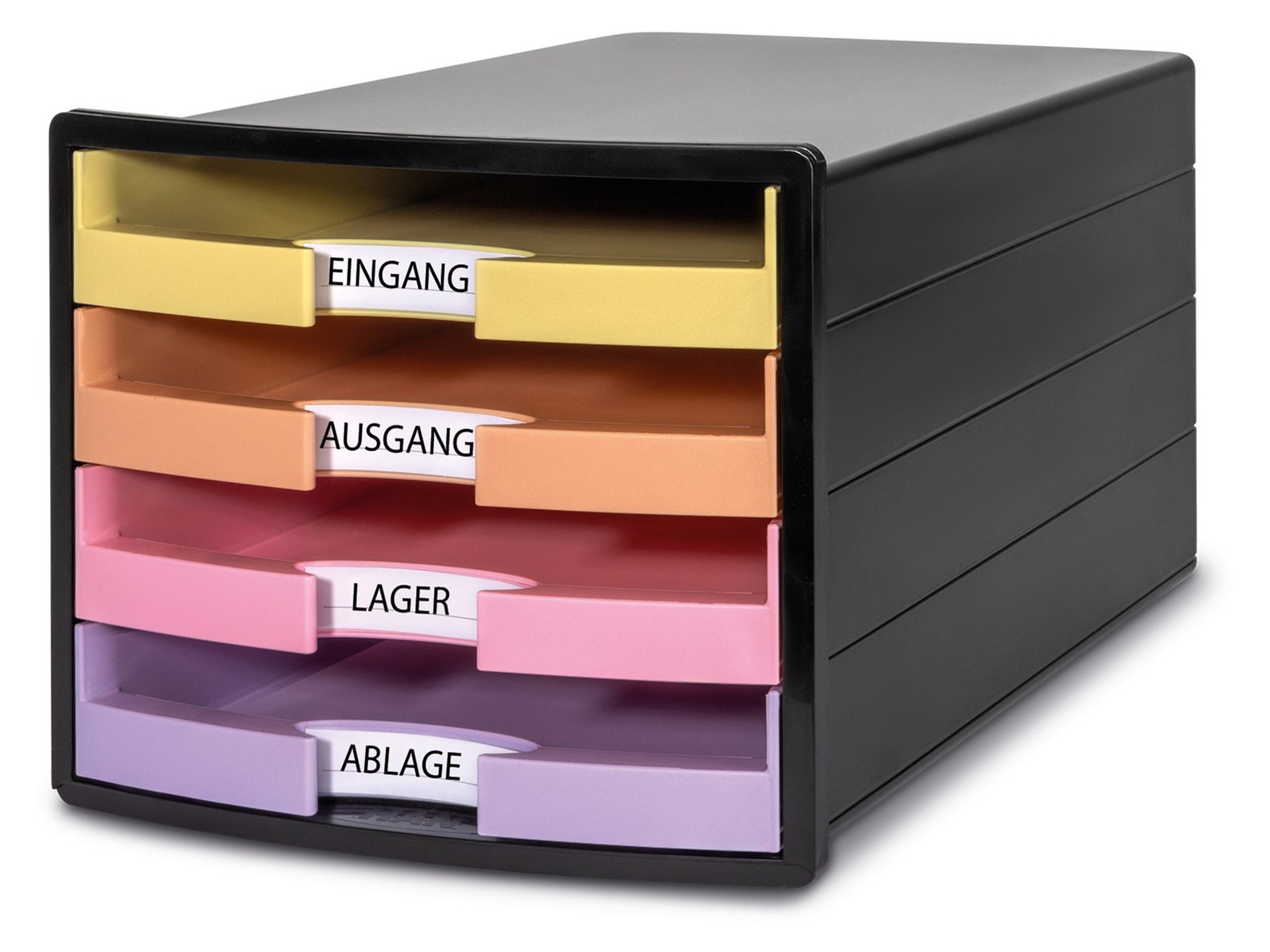 HAN Schubladenbox IMPULS, 4 offene Schübe, Polystyrol, für DIN C4, Schwarz/Pastell