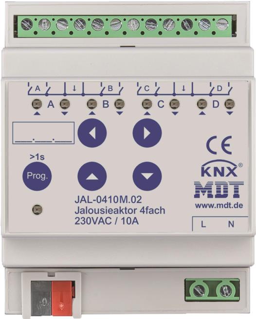 MDT JAL-0410M.02 Jalousieaktor 4fach 4TE REG 10A 230VAC m.Fahrzeitmessung (JAL-0410M.02)